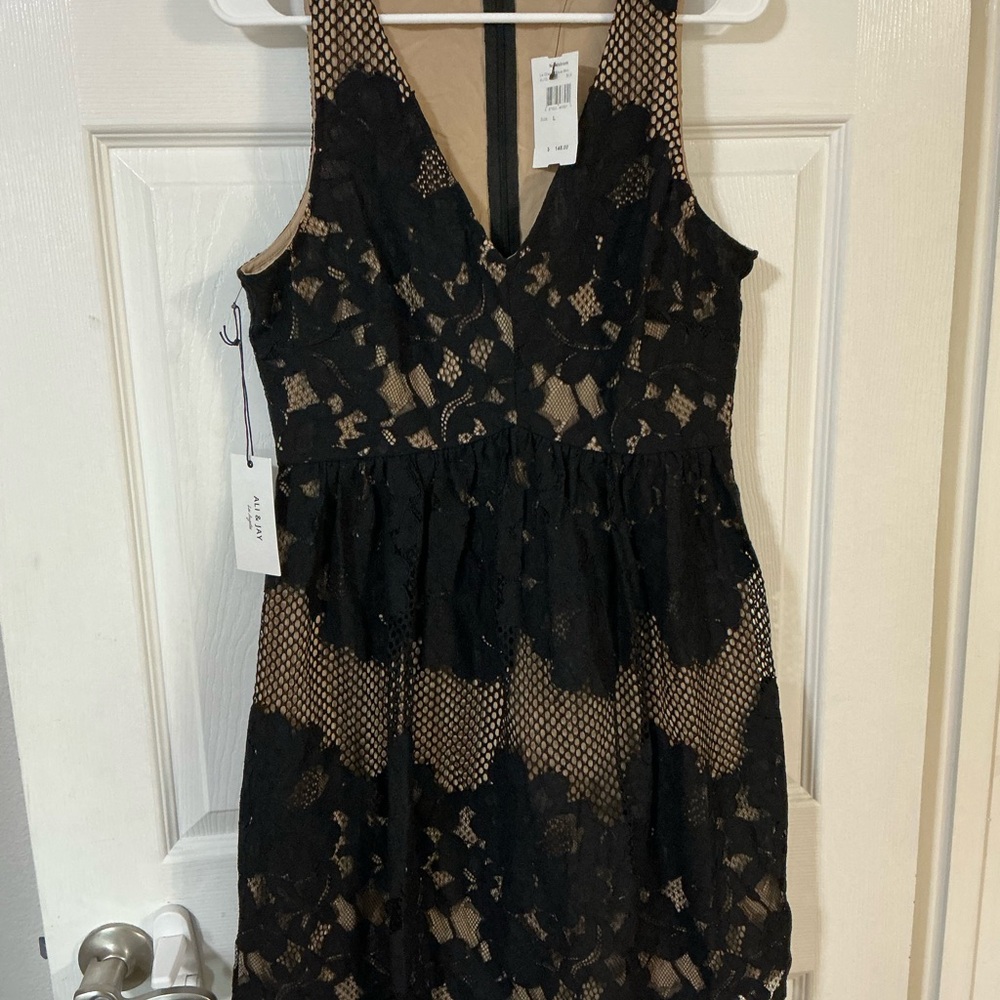 ALI & JAY Black Lace Overlay Nude Sheath Dress